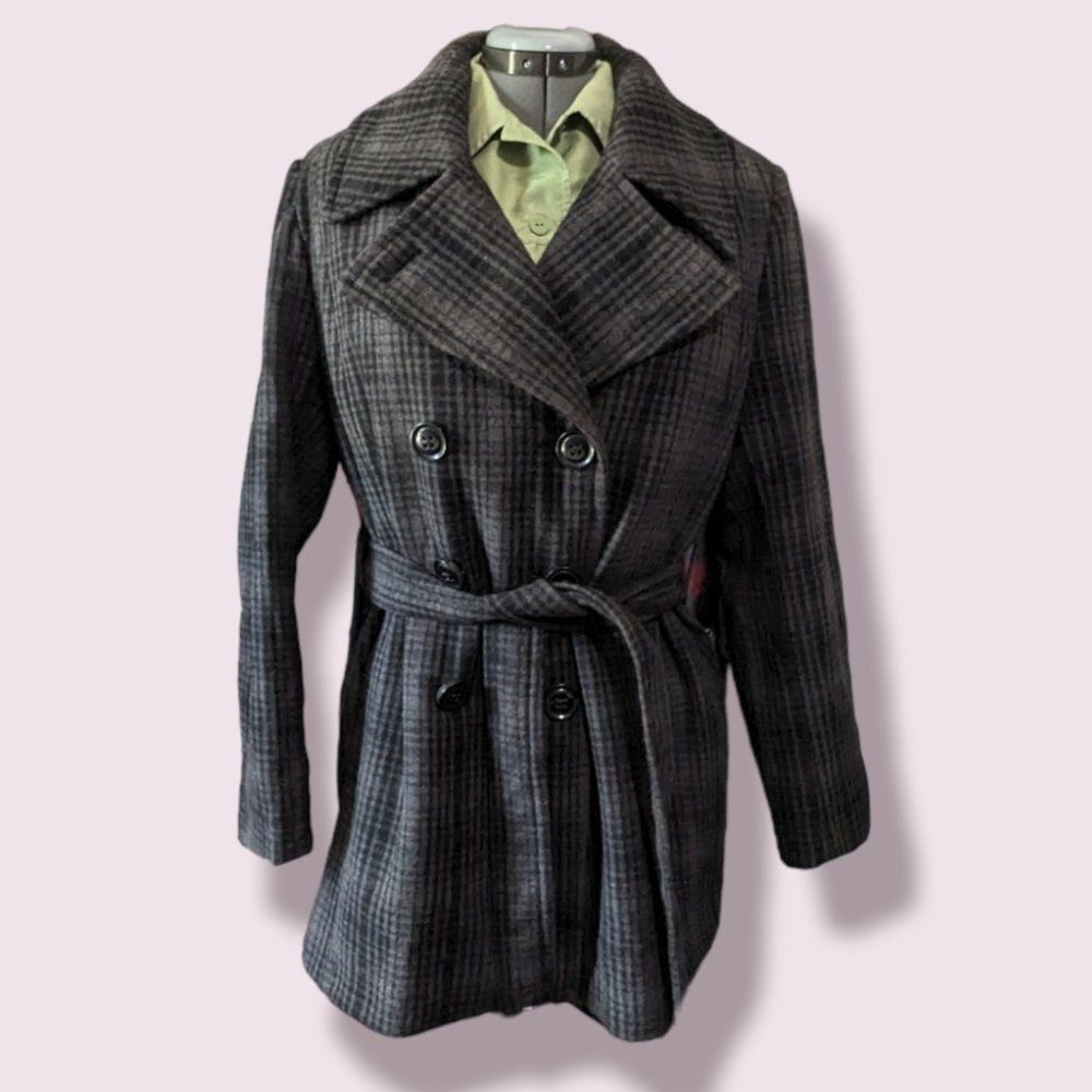 Women's Apostrophe Gray Plaid Wool Double-Breasted Peacoat, Petite XL